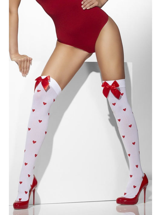 Opaque Hold-Ups, White, with Red Bows and Heart Print Wholesale
