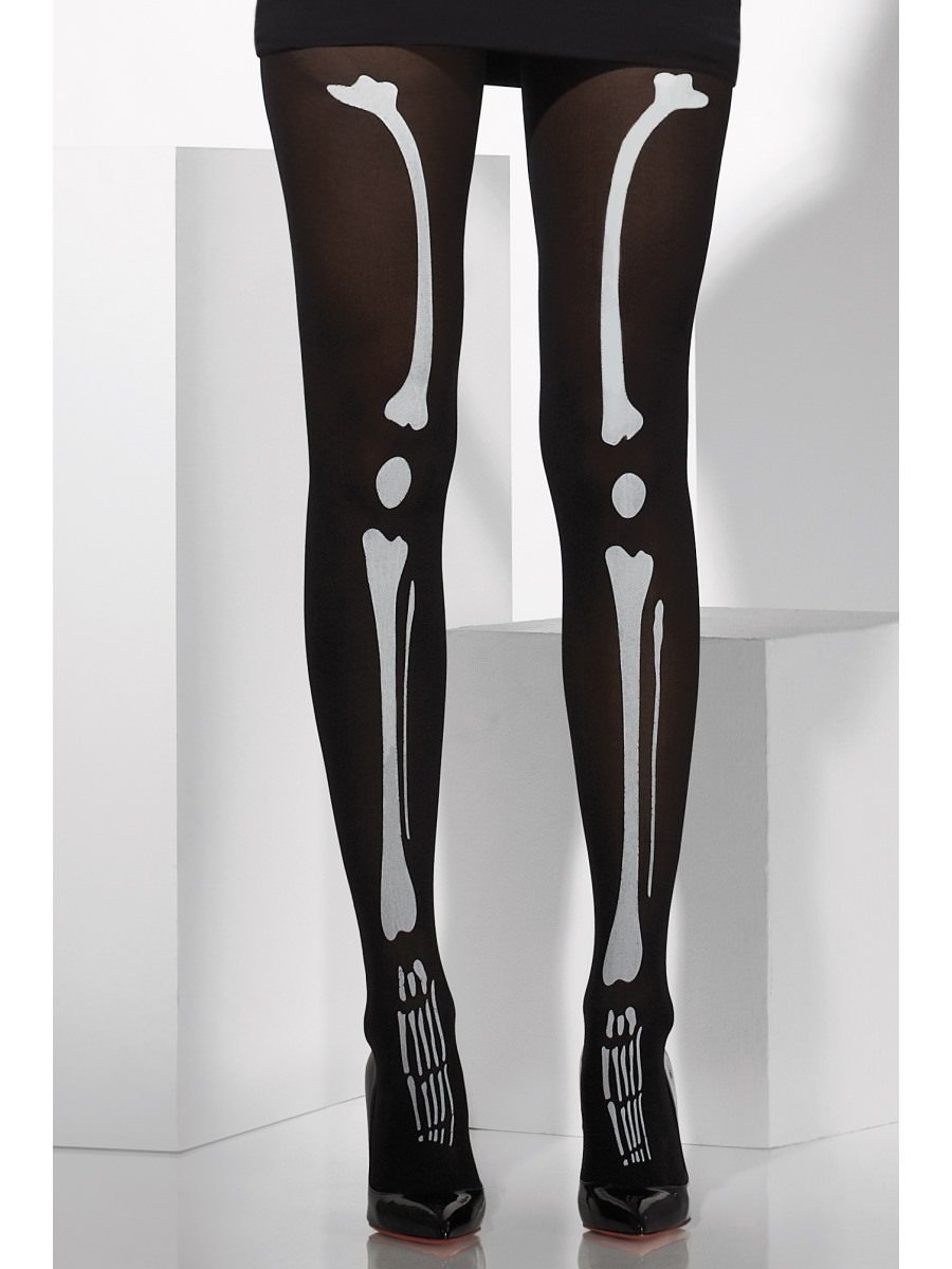 Opaque Tights, Black, with Skeleton Print Wholesale