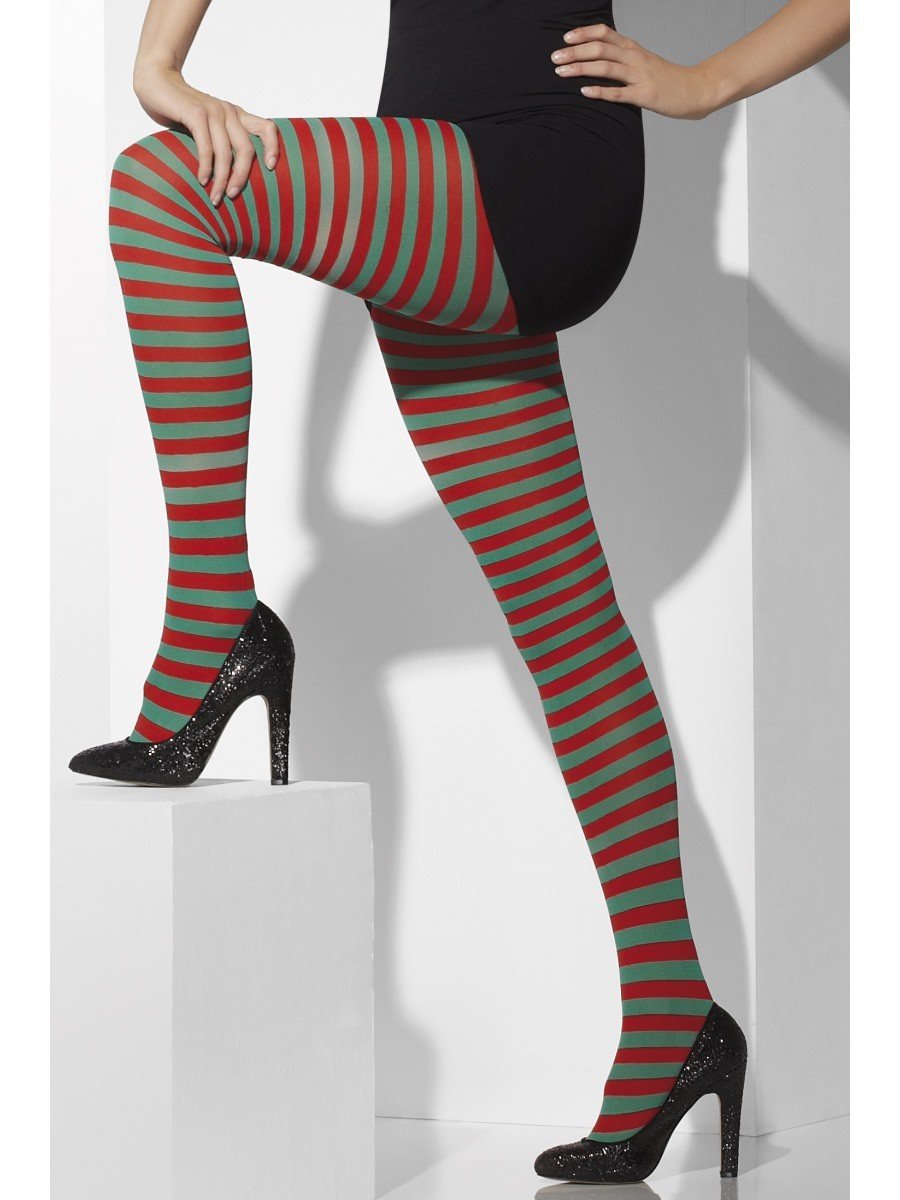 Opaque Tights, Red & Green, Striped Wholesale